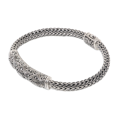 Sterling silver chain bracelet, 'Lotus Radiance' - Hand Engraved Sterling Silver Bracelet with Lotus Motif