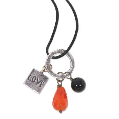 Carnelian and onyx pendant necklace, 'Love Glistens' - Carnelian Onyx and Sterling Silver Love Pendant Necklace