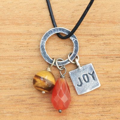 Carnelian and tiger's eye pendant necklace, 'Joy Glistens' - Inspirational jewellery Joy Necklace with Gems and 925 Silve