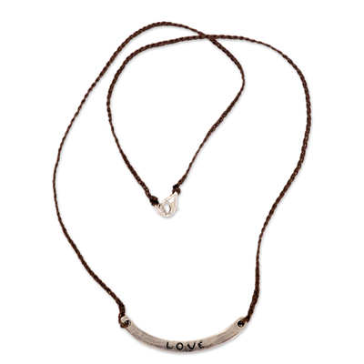 Sterling silver bar necklace, 'Love in Brown' - Love Inspirational Jewelry 925 Silver Brown Cord Necklace