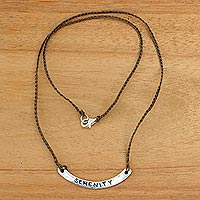 Sterling silver bar necklace, 'Serenity in Brown' - Serenity Inspirational 925 Silver Bar Necklace on Brown Cord