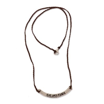 Sterling silver bar necklace, 'Gratitude in Brown' - Inspirational Jewelry Gratitude Brown Necklace 925 Silver