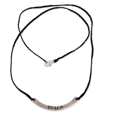 Sterling silver bar necklace, 'Dream in Black' - Hand Crafted Black Cord Necklace with Sterling Silver Bar