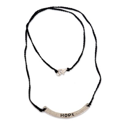 Sterling silver bar necklace, 'Hope in Black' - Silver Hope Inspirational Jewelry Handmade Black Necklace