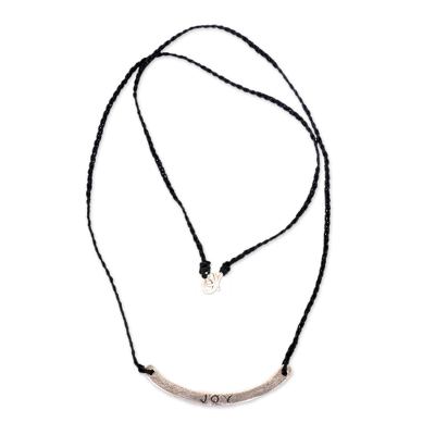 Sterling silver bar necklace, 'Joy in Black' - Joy Inspirational Jewelry 925 Silver on Black Cord Necklace