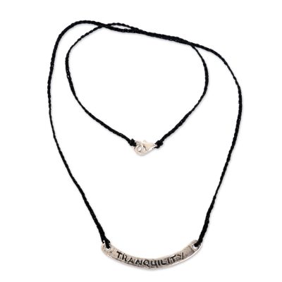 Sterling silver bar necklace, 'Tranquility in Black' - Tranquility Inspirational Jewelry Black Necklace 925 Silver