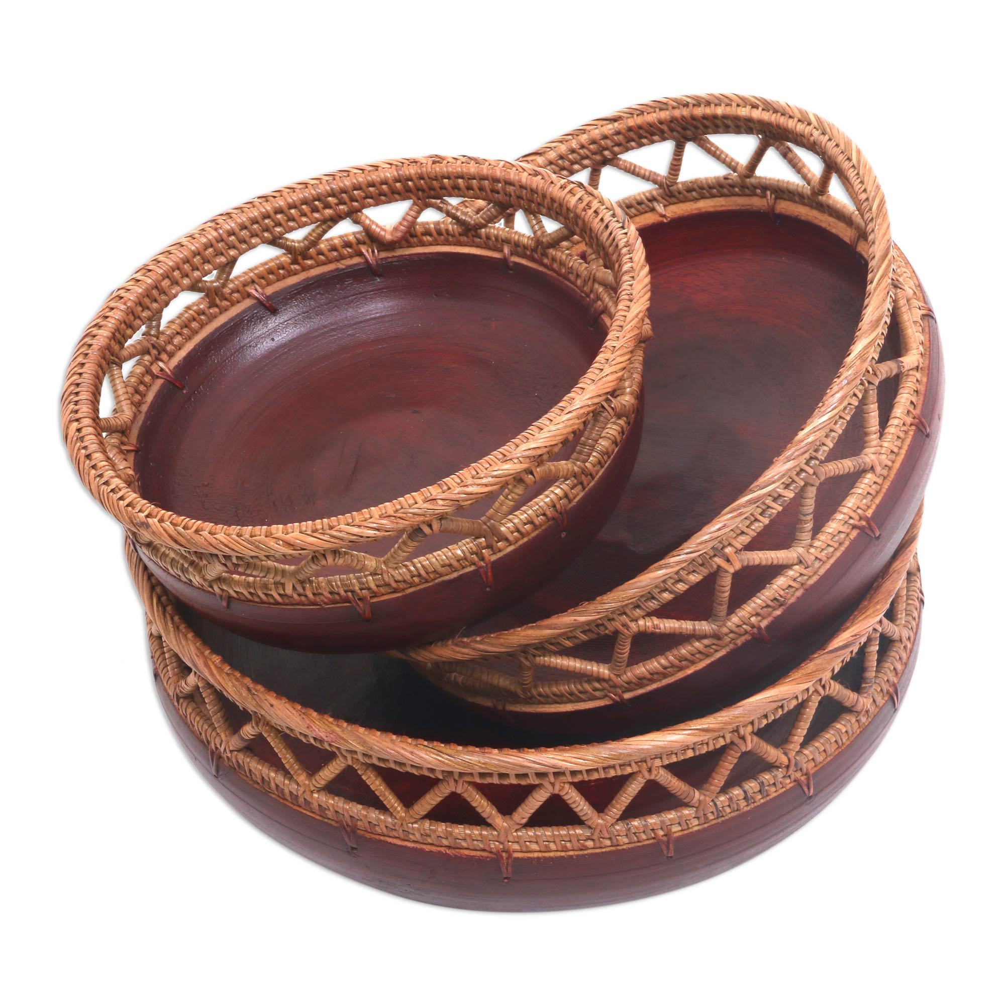 Set of 3 Decorative Mahogany and Bamboo Nesting Bowls Lombok Market