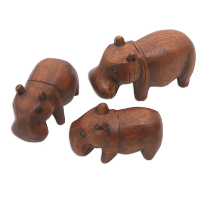 Wood sculptures, 'Hippo Family' (set of 3) - Artisan Made Set of 3 Hippo Sculptures with Natural Finish