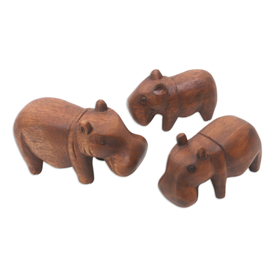 Wood sculptures, 'Hippo Family' (set of 3) - Artisan Made Set of 3 Hippo Sculptures with Natural Finish