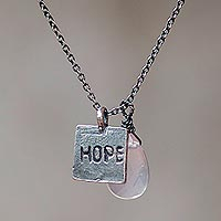 Rose quartz pendant necklace, 'Inspiring Hope' - Inspirational Sterling Silver Pendant Necklace