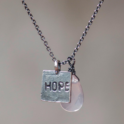 Rose quartz pendant necklace, 'Inspiring Hope' - Sterling Silver Inspirational Hope Necklace with Rose Quartz