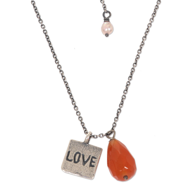 Carnelian and cultured pearl pendant necklace, 'Inspiring Love' - 925 Silver and Carnelian Necklace Love Themed Jewelry