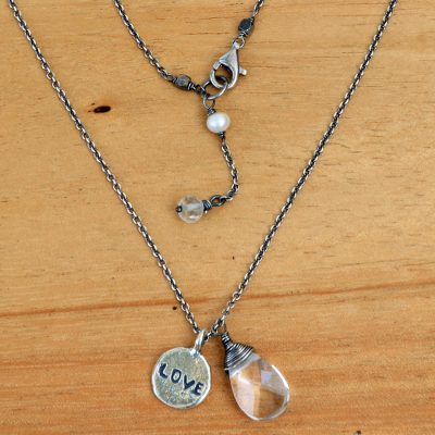 Quartz and cultured pearl pendant necklace, 'Inspiring Love' - Sterling Silver Inspirational Love Necklace with Quartz