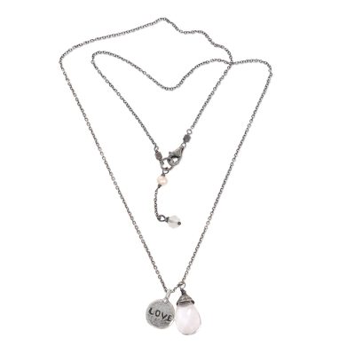 Quartz and cultured pearl pendant necklace, 'Inspiring Love' - Sterling Silver Inspirational Love Necklace with Quartz