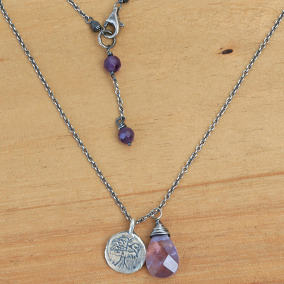 Amethyst pendant necklace, 'Inspiring Banyan Tree' - Sterling Silver Buddhism Banyan Tree Necklace with Amethyst