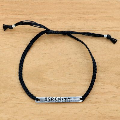 Sterling silver bar bracelet, 'Serenity in Black' - Serenity Inspirational Bracelet 925 Sterling Silver Engraved