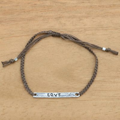Sterling silver bar bracelet, 'Love in Brown' - Inspirational Silver Love Bar Bracelet Crafted by Hand