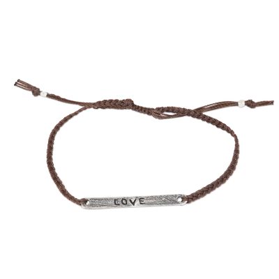 Sterling silver bar bracelet, 'Love in Brown' - Inspirational Silver Love Bar Bracelet Crafted by Hand