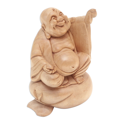 Escultura de madera, 'Buda feliz de la riqueza' - Estatuilla de Buda feliz de madera de cocodrilo tallada a mano de 6 pulgadas