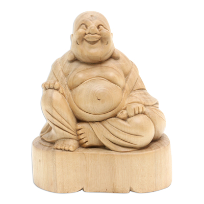 Fair Trade 6-in Handmade Wooden Sculpture of Smiling Buddha
