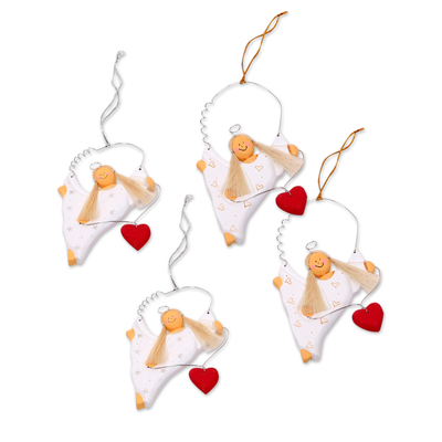 Wood ornaments, 'Celebrating Angels' (set of 4) - Set of Four Wooden Dancing Angel Ornaments with Hearts