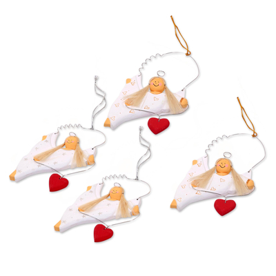 Wood ornaments, 'Celebrating Angels' (set of 4) - Set of Four Wooden Dancing Angel Ornaments with Hearts