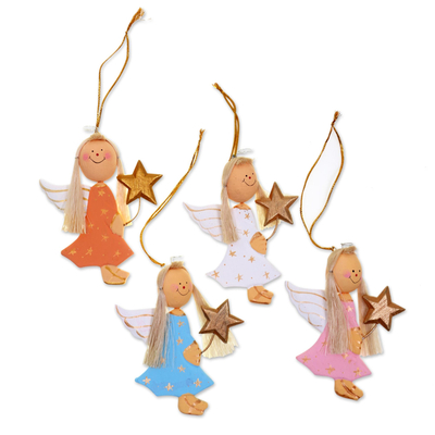 4 Artisan Crafted Angel with Stars Holiday Ornaments Set