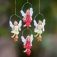 Wood ornaments, 'Angels of Love and Light' (set of 4) - Fair Trade Hand Painted Balinese Wood Angel Ornaments with H