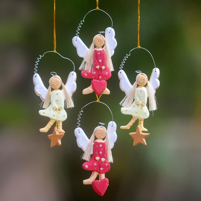 Wood ornaments, 'Angels of Love and Light' (set of 4) - 4 Artisan Crafted Angel Ornaments with Hearts and Stars