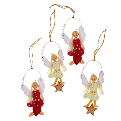 4 Artisan Crafted Angel Ornaments with Hearts and Stars