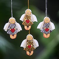 Wood ornaments, 'Heart Angels' (set of 4) - 4 Artisan Crafted Angel with Hearts Christmas Ornaments Set