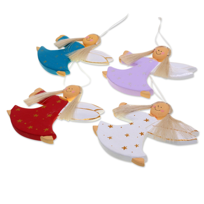 Wood ornaments, 'Dancing Angels' (set of 4) - 4 Artisan Crafted Angel Holiday Ornaments Set from Bali
