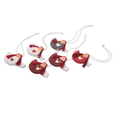 Wood ornaments, 'Red-headed Angels' (set of 6) - Set of 6 Red-Haired Wooden Angel Ornaments with Hearts
