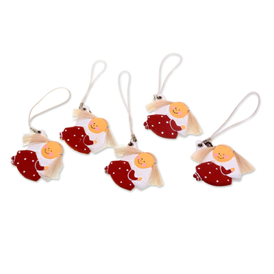 Wood ornaments, 'Little Red Angels' (set of 5) - Set of 5 Fair Trade Handmade Wood Angel Ornaments