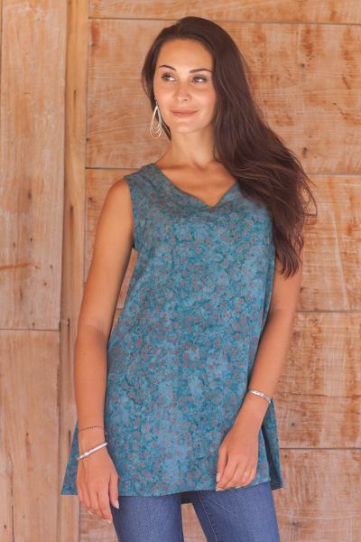 Rayon batik tank top, 'Teal Floral' - Teal and Taupe Floral Batik Tank Top with V Neckline