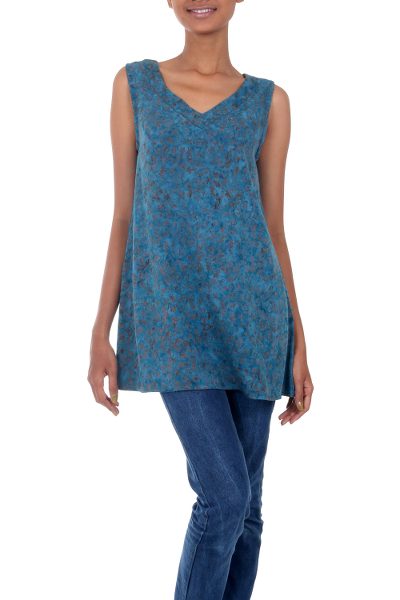 Rayon batik tank top, 'Teal Floral' - Teal and Taupe Floral Batik Tank Top with V Neckline
