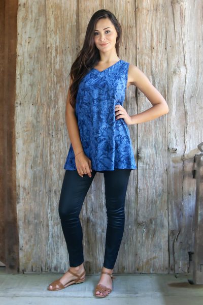 Rayon batik tank top, 'Ocean Depths' - Blue Rayon Tank Top with Hand Stamped Batik Motifs