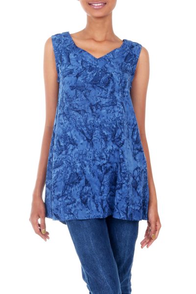 Rayon batik tank top, 'Ocean Depths' - Blue Rayon Tank Top with Hand Stamped Batik Motifs