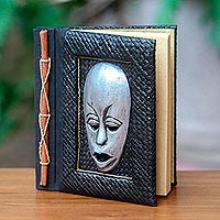 Natural fibers journal, 'Silver Guardian' - Silver Wood Mask on Hand Crafted Natural Fiber Journal