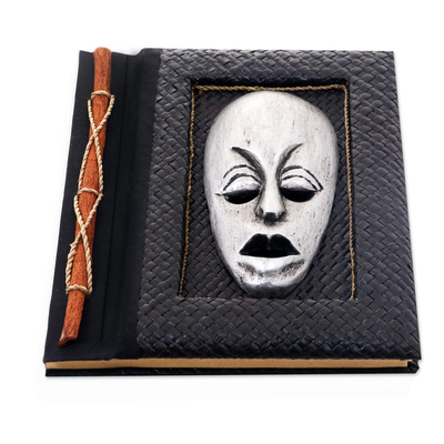 Natural fibers journal, 'Silver Guardian' - Silver Wood Mask on Hand Crafted Natural Fiber Journal