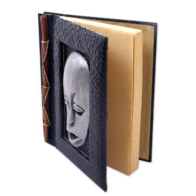 Natural fibers journal, 'Silver Guardian' - Silver Wood Mask on Hand Crafted Natural Fiber Journal