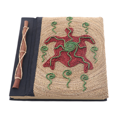 Tagebuch aus Naturfasern - Handgefertigtes Blanko-Tagebuch aus Naturfaser mit rotem Schildkrötenmotiv