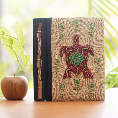 diario de fibras naturales - Diario en blanco de fibra natural hecho a mano con motivo de tortuga roja