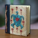 Natural fiber journal, 'Blue Turtle' - Handmade Natural Fiber Blank 50-pg Journal with Turtle Motif