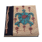 Natural fiber journal, 'Blue Turtle' - Handmade Natural Fiber Blank 50-pg Journal with Turtle Motif