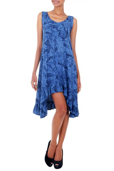 Rayon batik dress, 'Blue Nebula' - Blue Batik Clouds on Sleeveless Sundress with Hi Low Hem