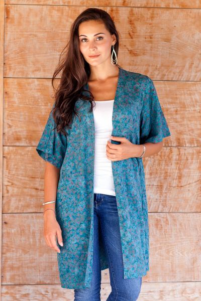 Rayon batik long jacket, 'Teal Floral' - Women's Long Rayon Jacket with Teal Floral Pattern