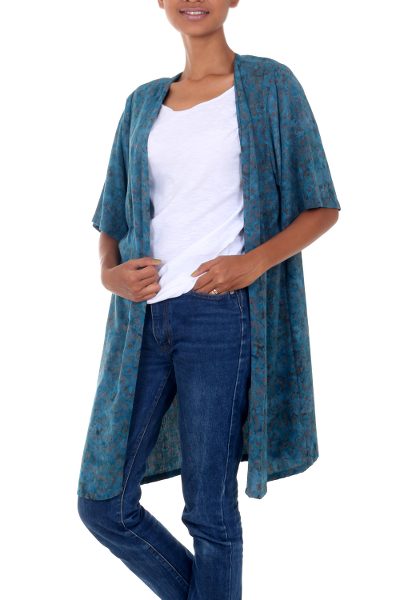 Rayon batik long jacket, 'Teal Floral' - Women's Long Rayon Jacket with Teal Floral Pattern