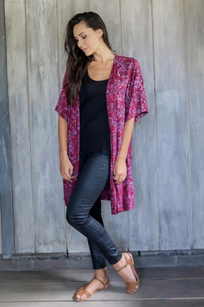 Rayon batik long jacket, 'Wine Floral' - Wine and Lavender Floral Batik Jacket with Open Front