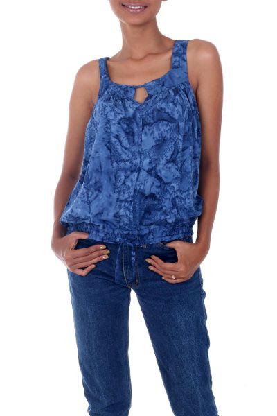 Rayon batik top, 'Ocean Depths' - Blue Rayon Batik Sleeveless Women's Loose Fit Top